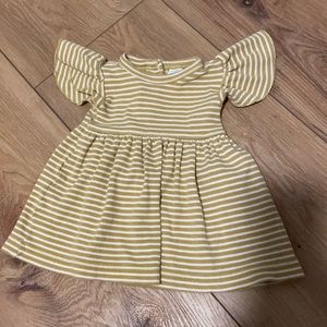 Mustard yellow and white stripped ribbed flutter sleeve dress